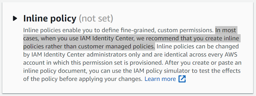 AWS SSO encouraging using Inline Policies rather than Customer Managed Policies for Permission Sets.